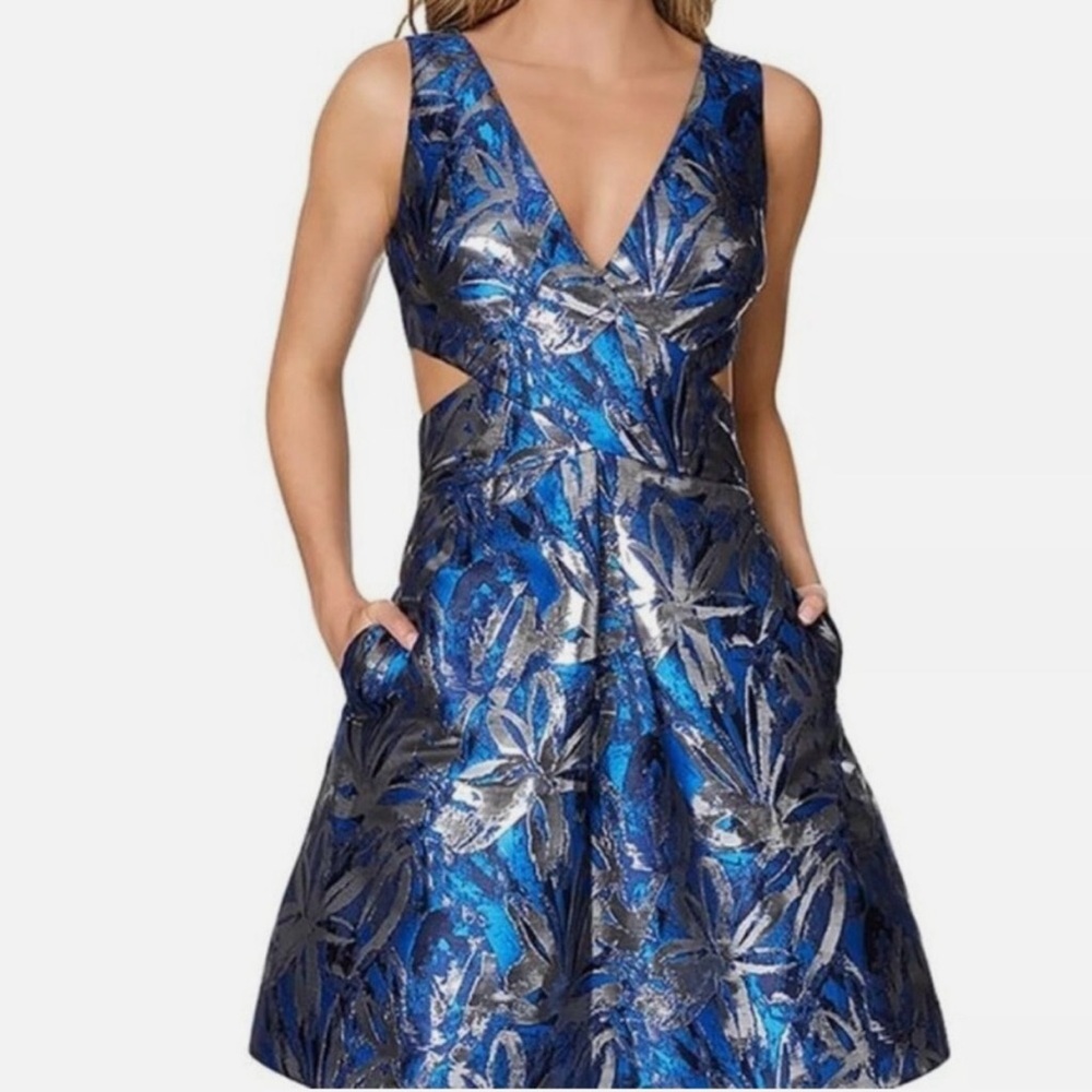 Laundry By Shelli Segal Metallic Jacquard Fit & Flare Wedding Guest Dress Blue 2